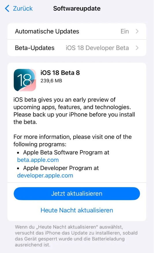 昆都仑苹果手机维修分享苹果 iOS / iPadOS 18 开发者预览版 Beta 8 发布 